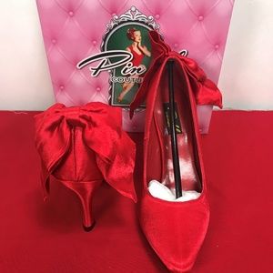 Pinup Couture Red Satin Heels w/back bow NIB